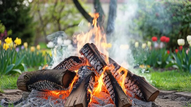 Outdoor Campfire Burning Brightly in a Spring Garden.