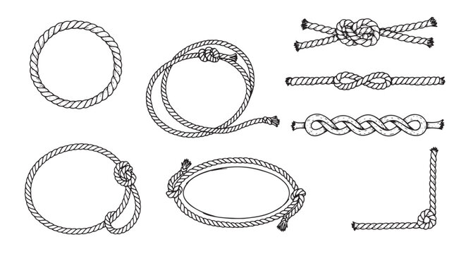 Marine Rope Frames and Nautical Knot Border Collection. Hand Drawn Decorative Cord Circles and Corner Dividers Design.