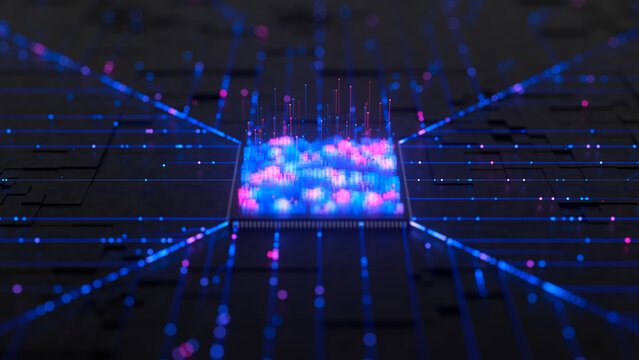 Closeup of Artificial intelligence microchip, central data processing unit on circuit board. Quantum computing core with data flow into and logic operations. Futuristic technology neural network.