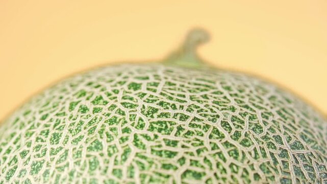 Macro Extreme Close-up of Fresh Muskmelon Cantaloupe with Detailed Netted Skin Texture, Organic Fruit for Food Ads