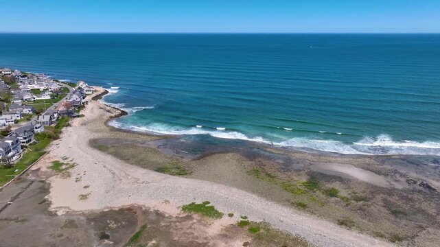 North River mouth to the Atlantic Ocean aerial view between Third Cliff and Fourth Cliff village in town of Scituate, Massachusetts MA, USA. 