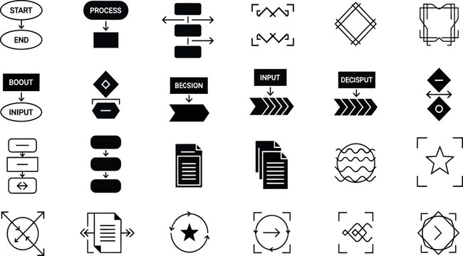 Collection of black electronic component symbols and circuit diagram icons for technical documentation