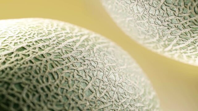 Macro Extreme Close-up of Fresh Muskmelon Cantaloupe with Detailed Netted Skin Texture, Organic Fruit for Food Ads