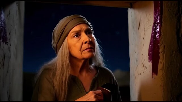 An elderly woman painting a red mark on an ancient rustic doorway at night, representing a biblical ritual concept and solemn tradition