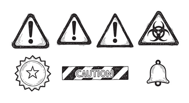 Warning and caution safety signs set including exclamation marks biohazard symbol and alert bell sketch icons.