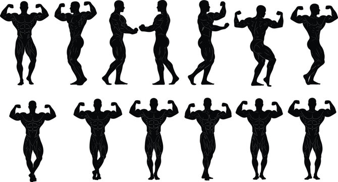 Powerful black silhouettes of muscular bodybuilders in various competition poses and fitness stances isolated on a white background for bodybuilding and athletic sports design.