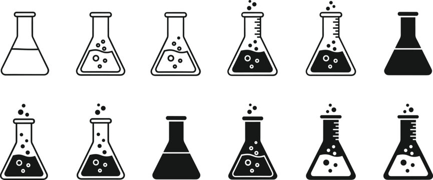 Set of laboratory erlenmeyer flask icons featuring various styles including solid silhouettes, line art, and bubbling chemical liquid for science and medical research design.