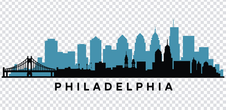 Vector illustration philadelphia city skyline with bridge and buildings in blue and black silhouette