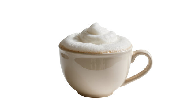Creamy frothy cappuccino in a beige ceramic cup, isolated on transparent background