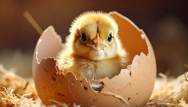 Newborn chick emerges from eggshell against blurred background