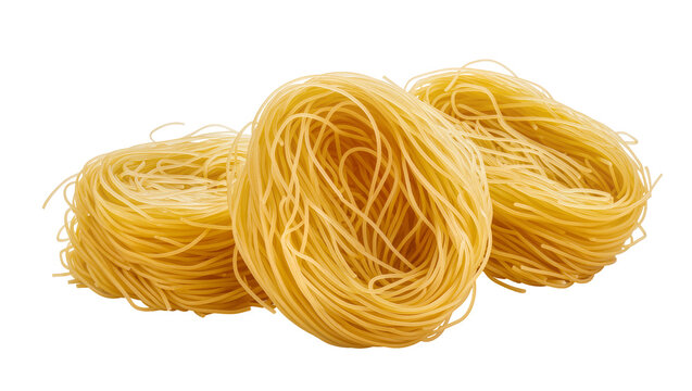 Three nests of uncooked golden angel hair pasta, isolated on transparent background
