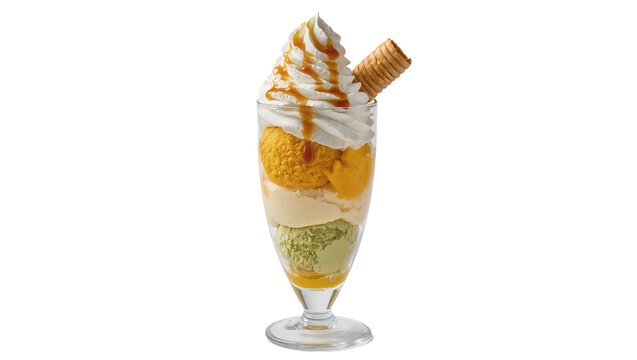 Layered ice cream parfait with whipped cream and caramel drizzle, isolated on transparent background