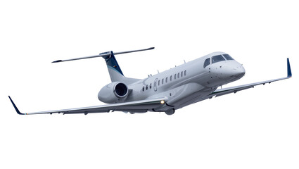 Modern white private jet airplane with blue tail fin, isolated on transparent background © Bogdan