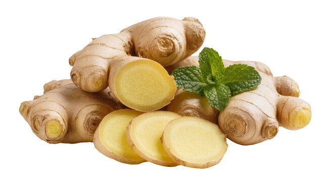 Fresh ginger root slices with mint leaves, isolated on transparent background