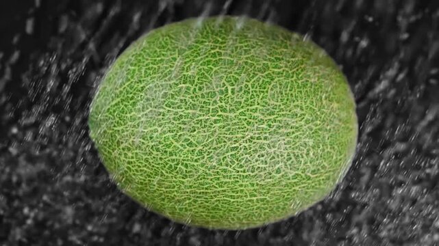 Extreme Macro Close-up of Fresh Green Muskmelon Cantaloupe Splashing in Water with Bubbles on Black Background, Food Ads