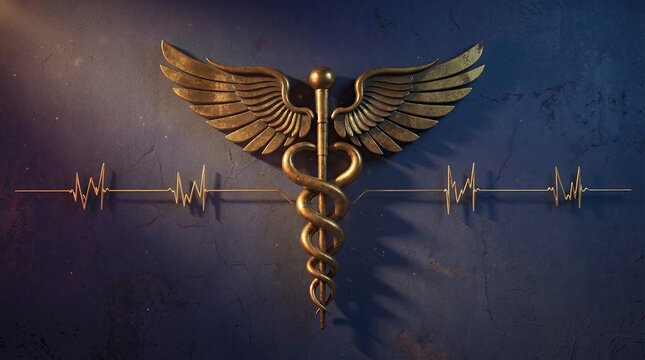 Golden caduceus emblem with heartbeat line on textured wall medical consultation