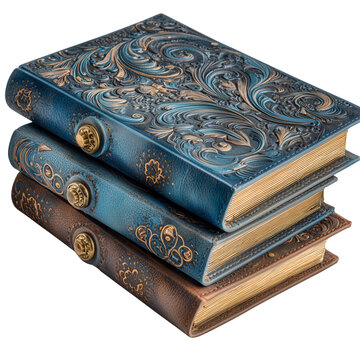 Elegant blue hardcover book with gold embossed patterns closed and centered on transparent png background. Ai generated