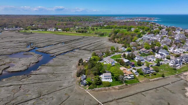 Third Cliff village aerial view at the North River mouth to the Atlantic Ocean in town of Scituate, Massachusetts MA, USA. 