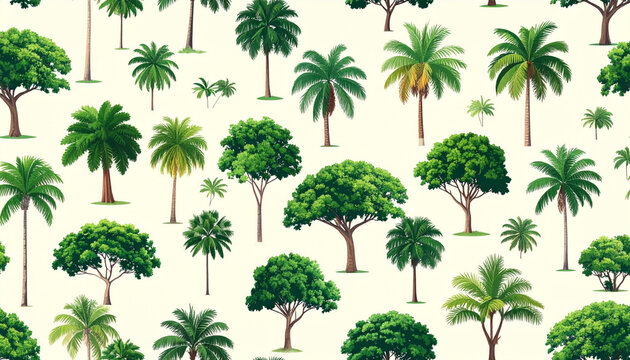 Variety of green trees and palms on white background for decoration