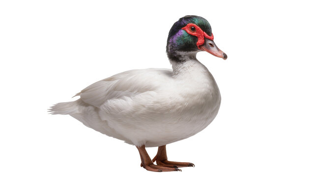 White Muscovy duck with red and green facial caruncles, isolated on transparent background