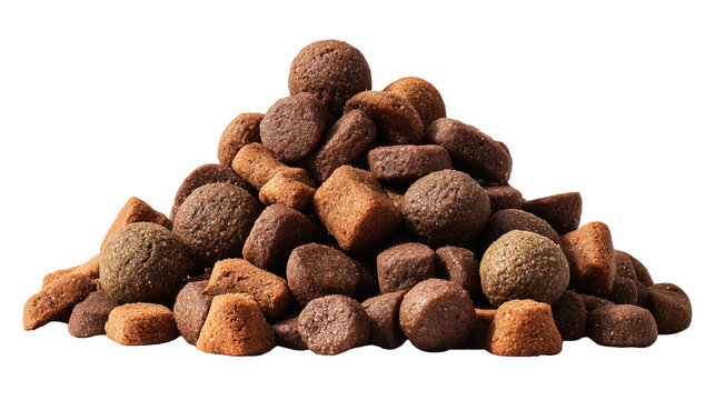 Pile of dry pet food isolated on transparent background.