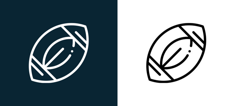 Two-color rugby ball outline icon pair in black and white, editable stroke vector illustration for web, mobile apps, UI design, branding, and print from children toys