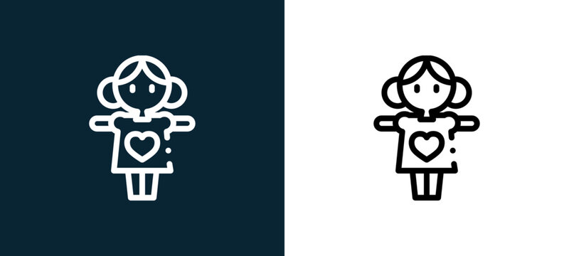 Two-color doll outline icon pair in black and white, editable stroke vector illustration for web, mobile apps, UI design, branding, and print from children toys