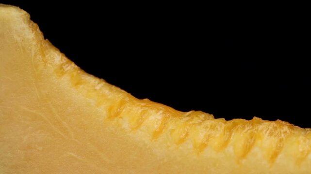 Extreme Macro Close-up of Fresh Juicy Cantaloupe Melon Slice with Ridged Texture on Black Background, Food Ads