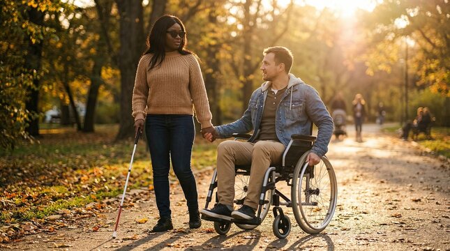 Blind woman with white cane walking with man in wheelchair outdoor recreation
