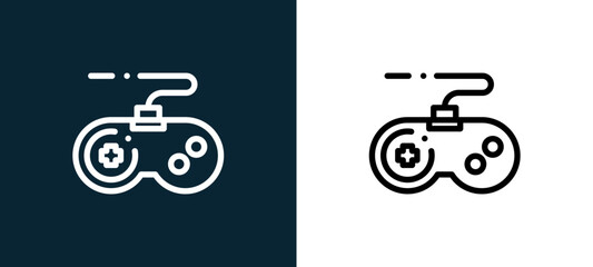 Two-color joystick outline icon pair in black and white, editable stroke vector illustration for web, mobile apps, UI design, branding, and print from children toys © MacroOne