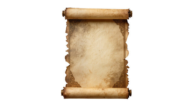 Antique parchment scroll with burnt edges and ornate border, isolated on transparent background