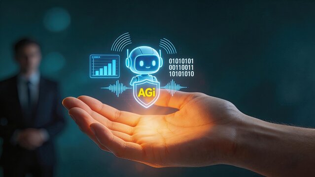 Businessman presenting AGi artificial general intelligence robot hologram in hand with data analytics chart and binary code for cybersecurity automation technology concept