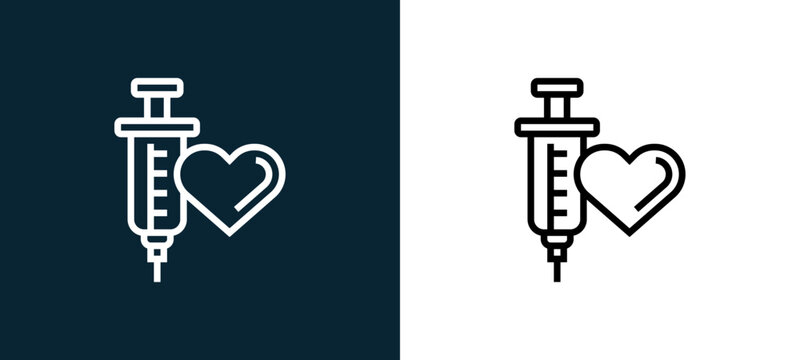 Two-color vaccine outline icon pair in black and white, editable stroke vector illustration for web, mobile apps, UI design, branding, and print from charity elements