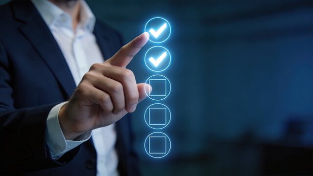 Businessman selecting glowing checkmarks on virtual interface concept of digital checklist online voting approval process and modern technology solutions