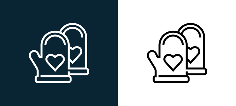 Two-color mittens outline icon pair in black and white, editable stroke vector illustration for web, mobile apps, UI design, branding, and print from and grill