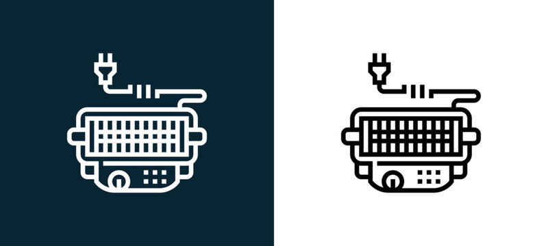 Two-color electric grill outline icon pair in black and white, editable stroke vector illustration for web, mobile apps, UI design, branding, and print from and grill