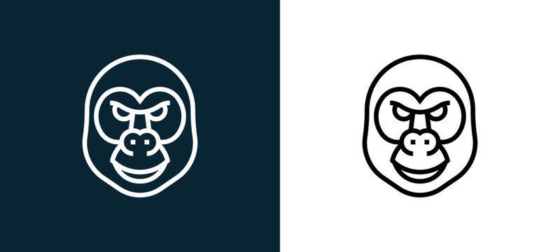 Two-color gorilla outline icon pair in black and white, editable stroke vector illustration for web, mobile apps, UI design, branding, and print from animal head