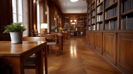 Fototapeta premium A classic library interior with warm wooden furniture filled bookshelves and natural light from creating a serene and inviting atmosphere for study