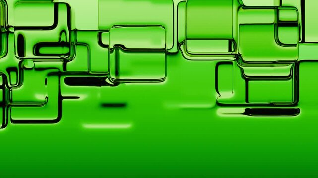 Abstract fluid like collection of sqaures with curved edges appear and disappear. Transparent shapes in various shades of vibrant lime green arranged in an overlapping pattern. Seamless 3d animation