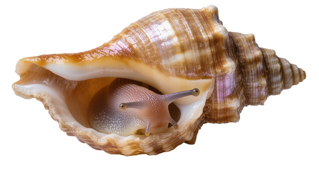 Brown striped conch shell with a small snail peeking out, isolated on transparent background