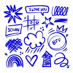 Isolated blue ink scribble elements set. Hand drawn tic tac toe, rainbow, cloud, star and hearts sketches on grid. Vector rough chaotic doodle collection for romantic teen poster or sticker pack