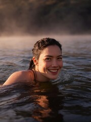 Fototapeta premium Athletic woman swimming in a natural lake, emerging from the water with a smile, surrounded by misty landscape and soft sunlight illuminating the scene