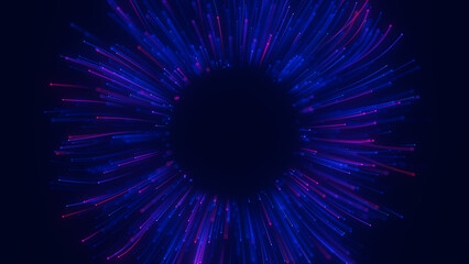 Fototapeta premium Big data light speed flow outwards center. Abstract digital data stream of quantum computing. Cyberspace of qubit trail waves. Modern tech information transmission. Ai neural network