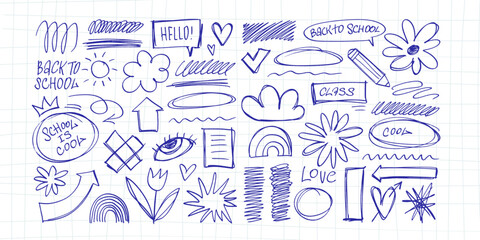 Plakat Big isolated blue pen scribbles set. Hand drawn school doodles, eye, rainbow, pencil and abstract shapes on grid. Vector rough chaotic sketch elements collection for modern pop art collage design.