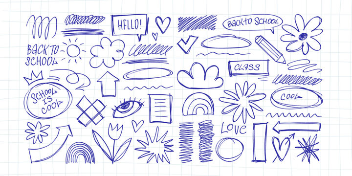 Big isolated blue pen scribbles set. Hand drawn school doodles, eye, rainbow, pencil and abstract shapes on grid. Vector rough chaotic sketch elements collection for modern pop art collage design.