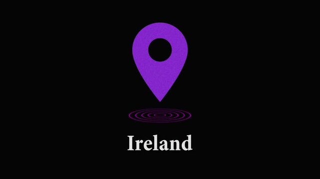 Purple map pin icon with ripples and the word ireland on a black background location travel destination gps navigation