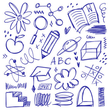 Isolated blue pen school doodles set. Hand drawn science, education and space sketches on grid background. Vector rough chaotic scribble elements collection for student poster or learning design.
