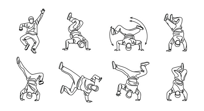 Dynamic line art depicts a series of breakdancing poses and figures