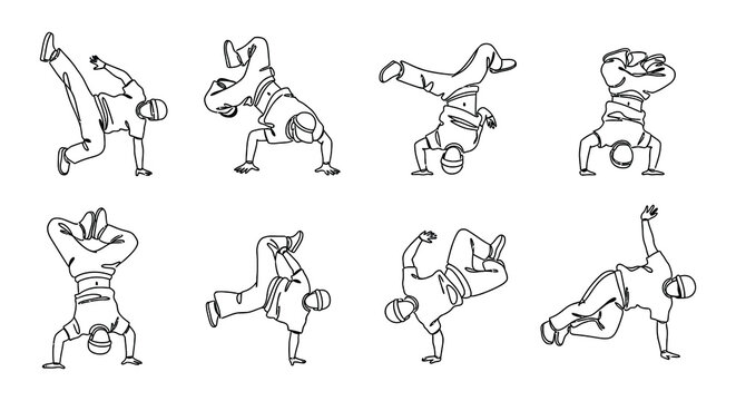 Dynamic line art depicts a series of breakdancing poses and figures