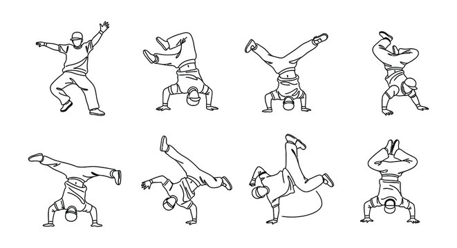 Dynamic line art depicts a series of breakdancing poses and figures
